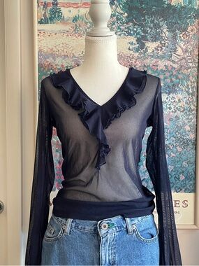 Vintage Navy Sheer Mesh Blouse XS Ruffle Neckline Nylon Coquette 90s